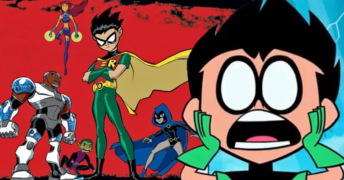 Split image of Teen Titans with Robin from Teen Titans Go!