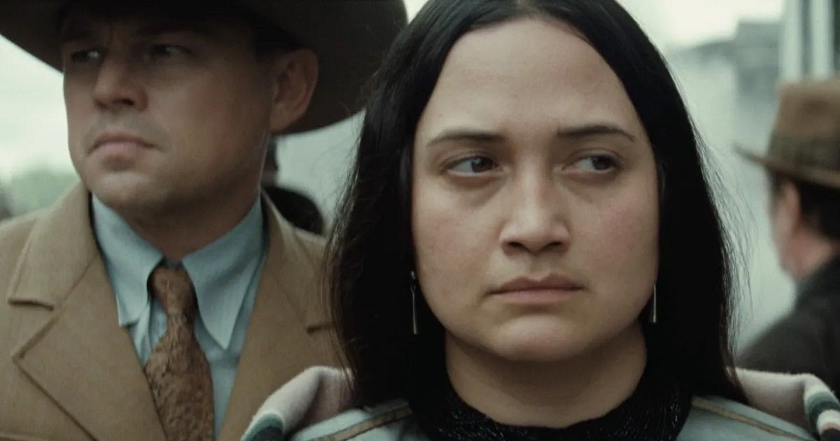 Lily Gladstone as Mollie with Leonardo DiCaprio as Ernest in Killers of the Flower Moon.