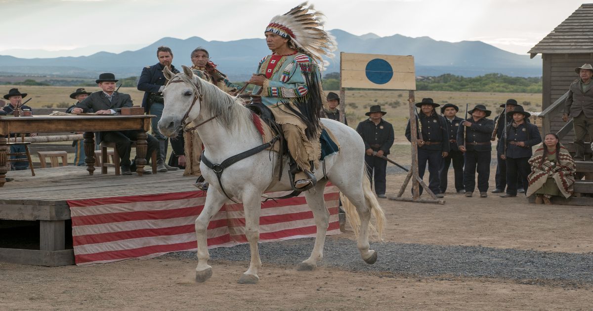 Michael Greyeyes riding a horse as Sitting Bull in Woman Walks Ahead