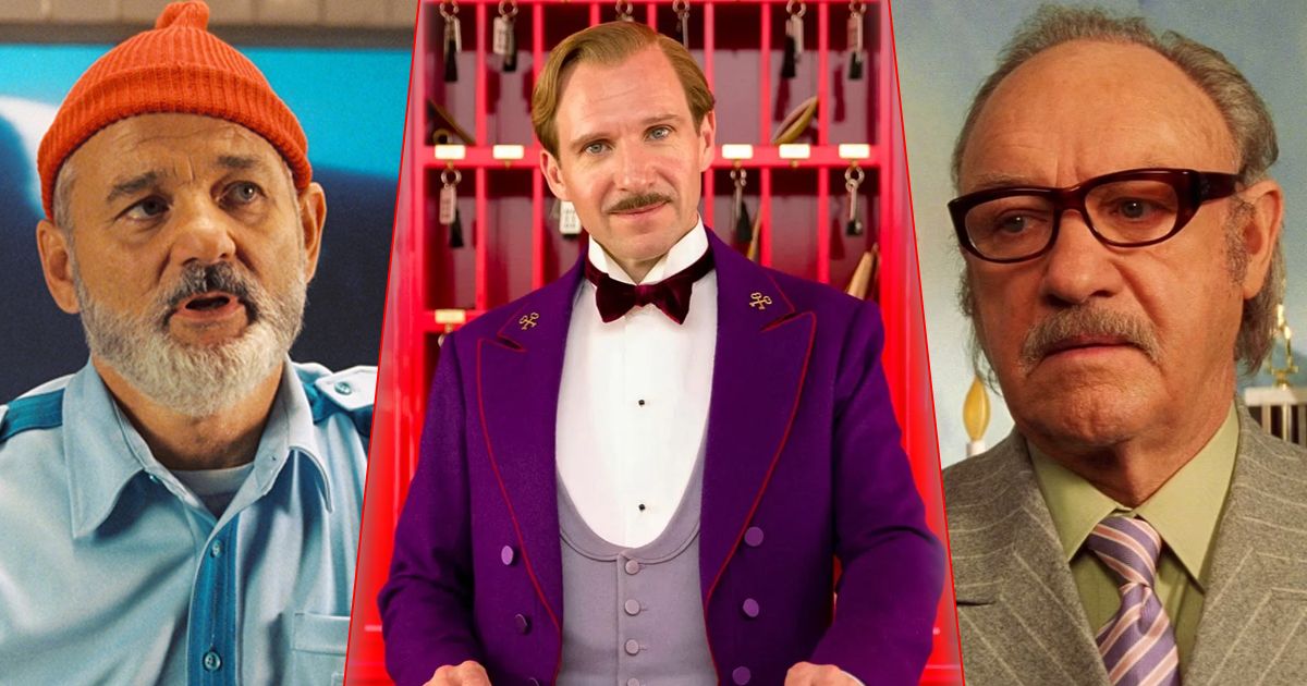 Split image of Bill Murray, Ralph Fiennes, and Gene Hackman in Wes Anderson movies