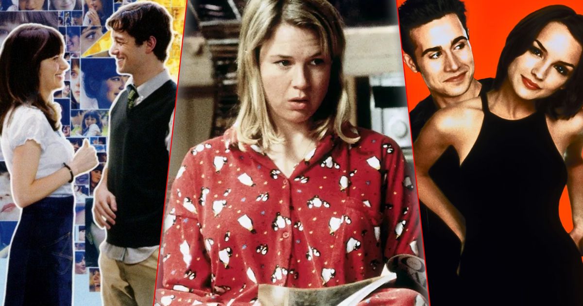 Split image of 500 Days of Summer, Bridget Jones's Diary, and She's All That