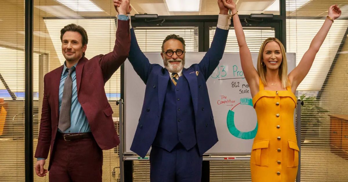 Chris Evans, Andy Garcia, and Emily Blunt raise hands near a conference room with a whiteboard behind them in Pain Hustlers (2023)