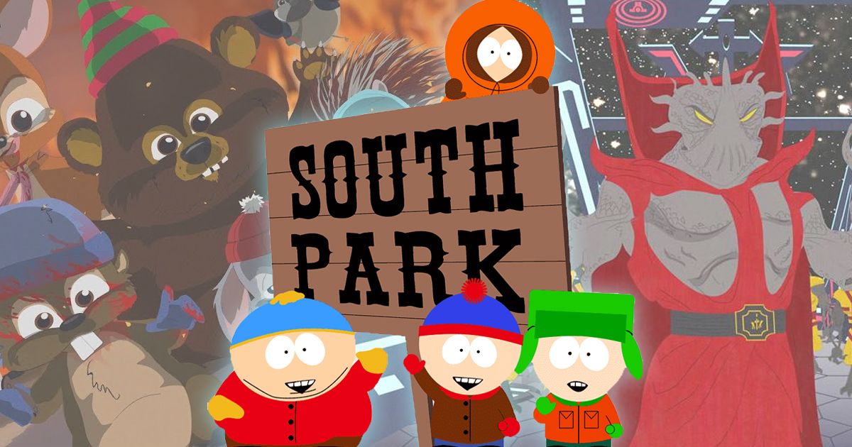 The South Park gang with controversial episodes in the background
