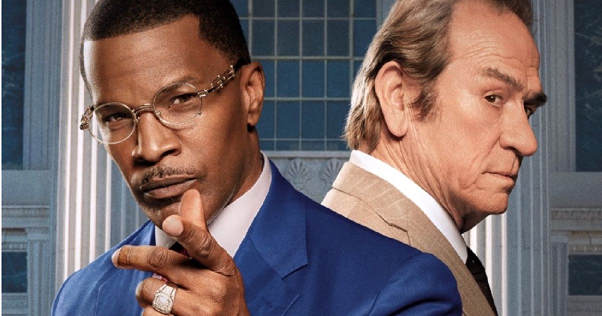 Tommy Lee Jones and Jamie Foxx stand back to back in promotional material for The Burial.