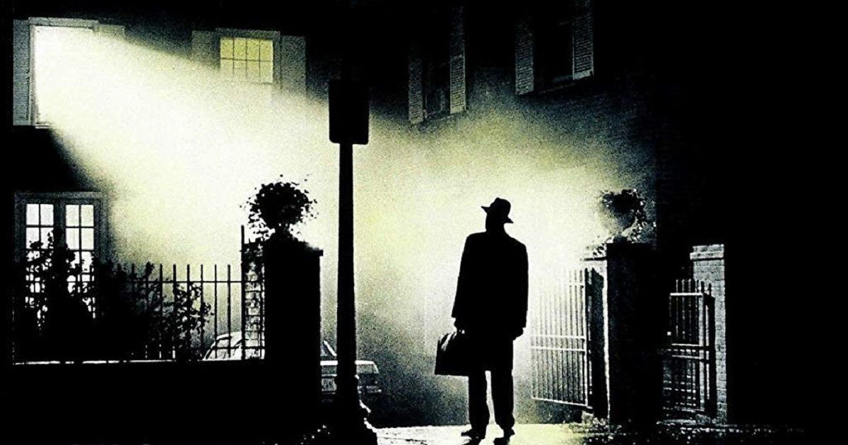 The Exorcist 1973 movie with priest arriving at Regan's house