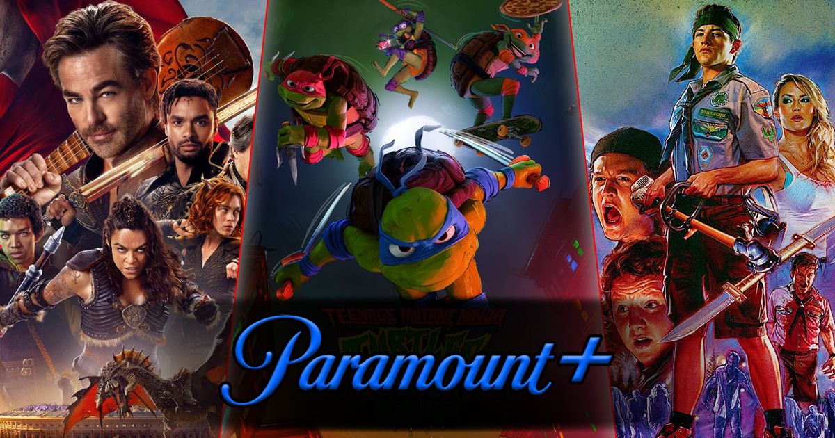 Split image of Dungeons & Dragons, TMNT Mutant Mayhem, and The Scouts Guide to the Zombie Apocalypse on Paramount+