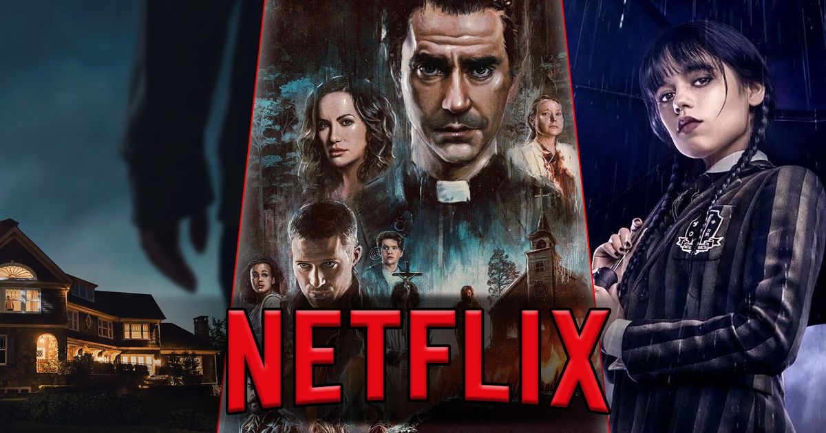 Split image of The Watcher, Midnight Mass, and Wednesday on Netflix