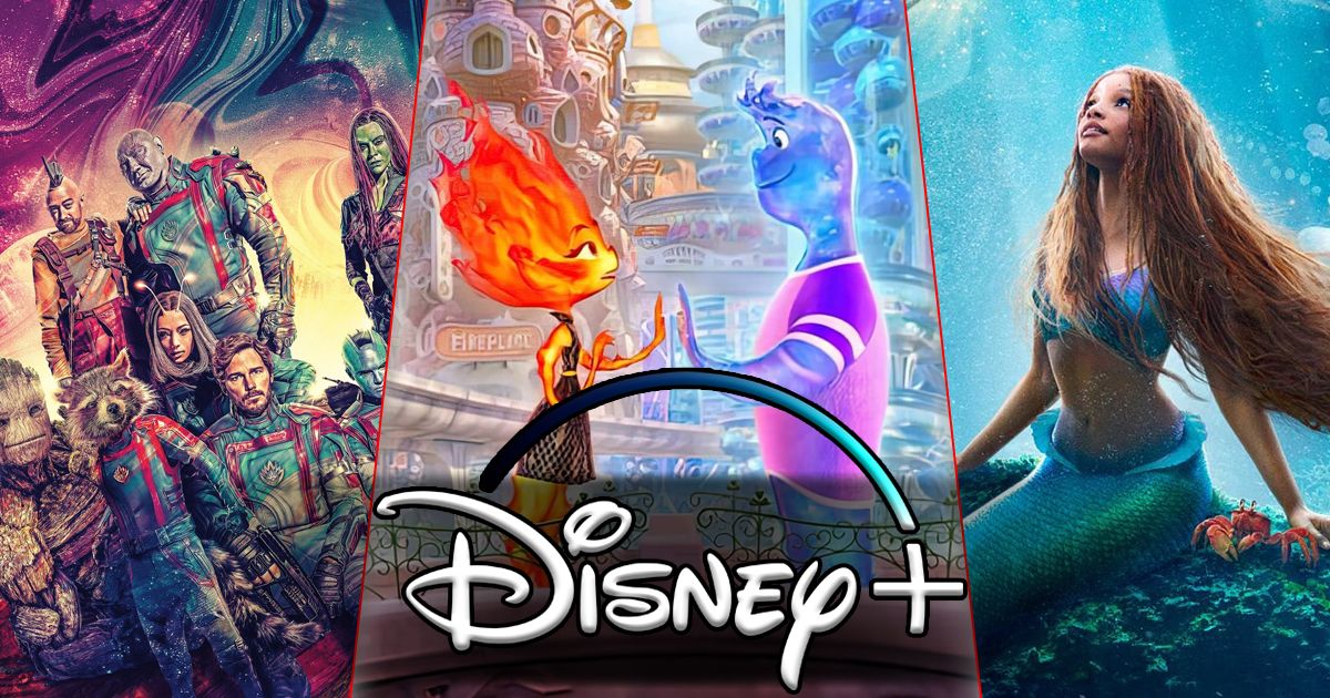 Split image of GotG Vol 3, Elemental, and The Little Mermaid on Disney+