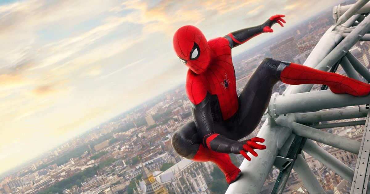 Tom Holland's Spider-Man in a black and red suit on top of a ferris wheel in London in Spider-Man: Far From Home.