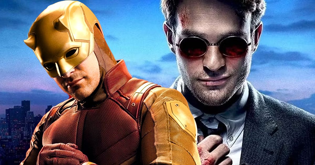 Split image of Charlie Cox as Matt Murdock in a suit with blood on his knuckles and forehead, and Daredevil with his new yellow and red suit from She-Hulk: Attorney at Law.