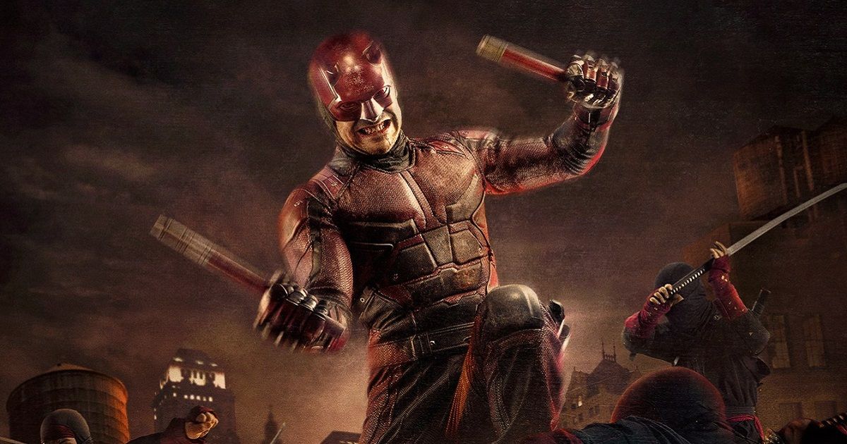 Charlie Cox as Matt Murdock in his red and black Daredevil suit, holding two fighting sticks, beating on people below him as a ninja holds a katana in the background in Daredevil.