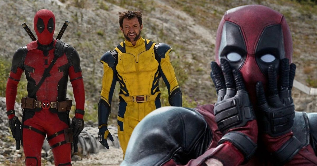 Ryan Reynolds and Hugh Jackman as Deadpool and Wolverine with their red and black and yellow and blue suits, in Deadpool 3 with an edit of Deadpool's shocked face added to the side.