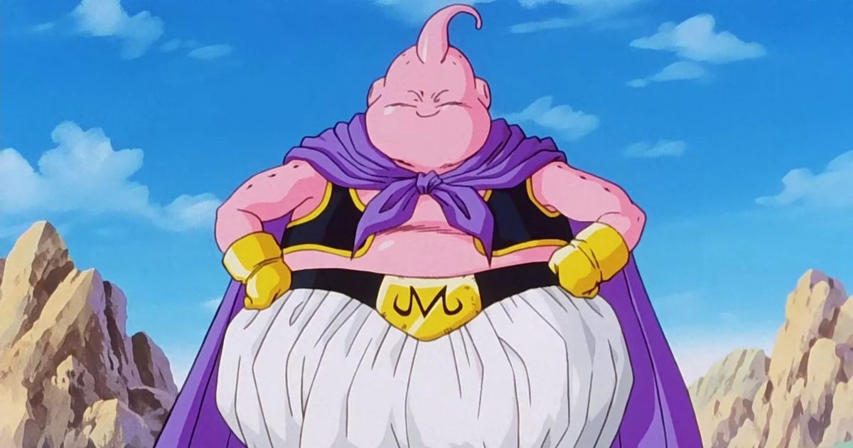 Innocent Buu stands by a mountain in Dragon Ball