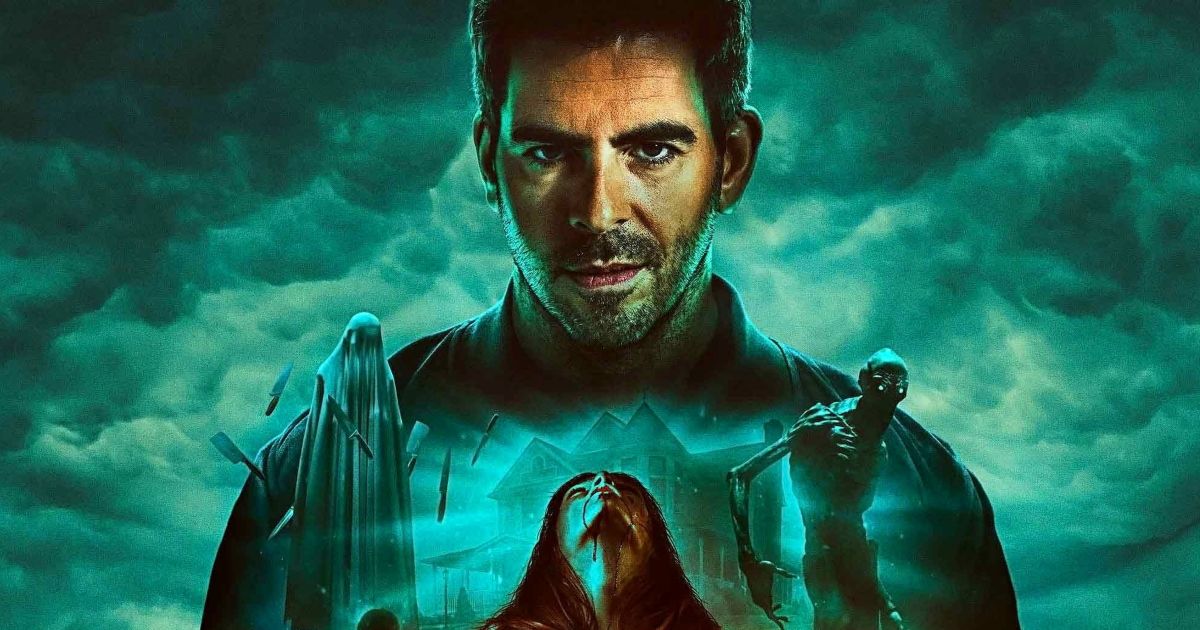 Eli Roth editou uma imagem com fantasmas, esqueletos assustadores, uma mulher com sangue no rosto e uma casa mal-assombrada na História do Terror de Eli Roth.