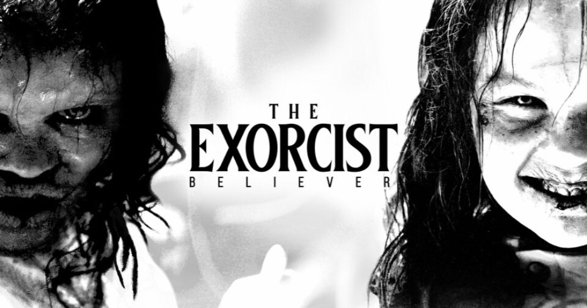 The Exorcist Believer poster featuring both possessed children smiling.