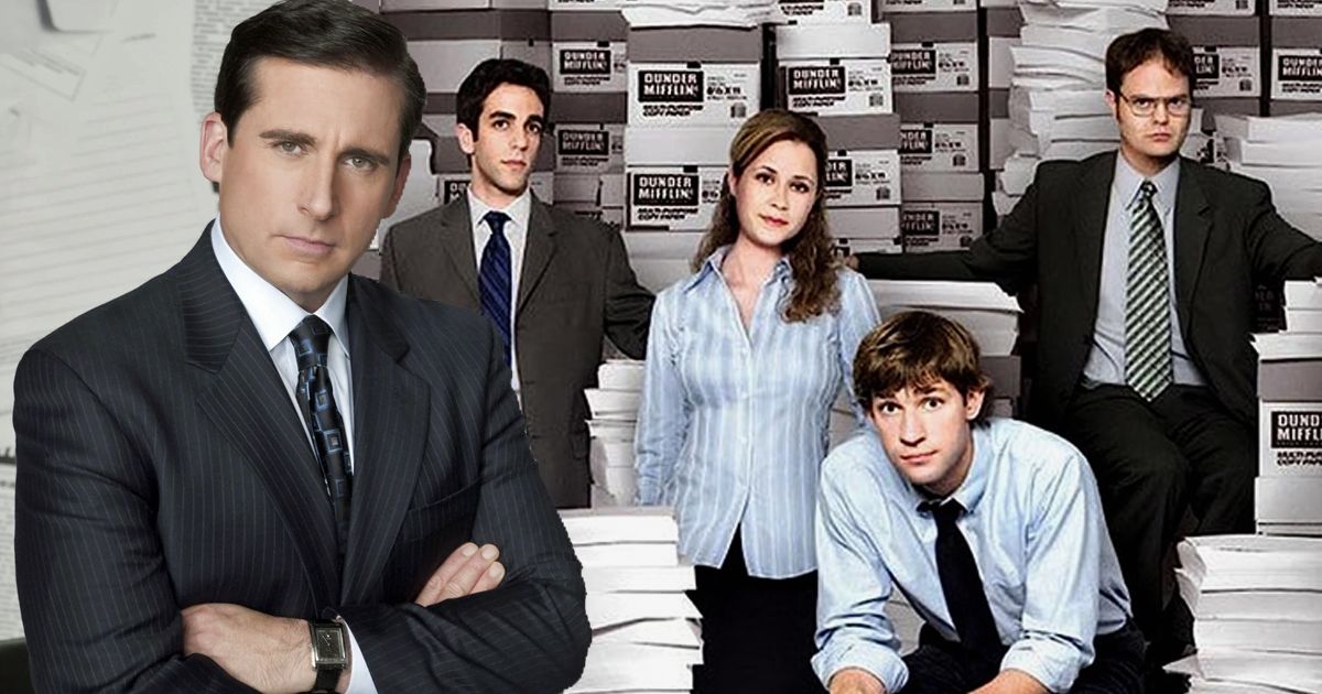 Michael Scott and The Office cast with Dunder Mifflin boxes in the background