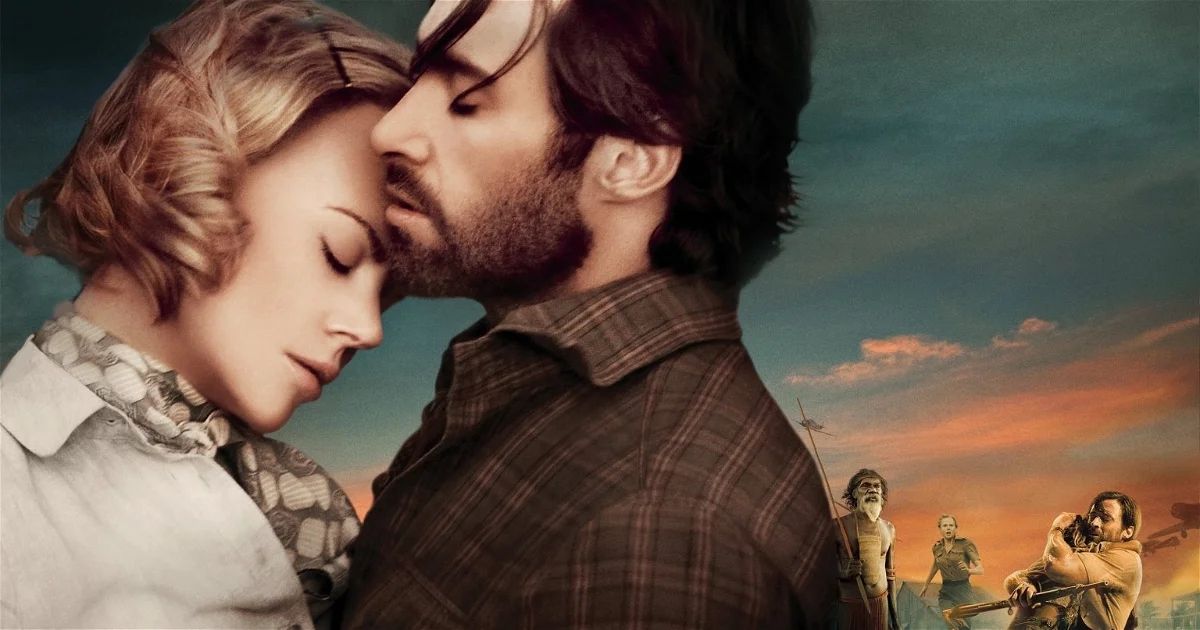 Nicole Kidman and Hugh Jackman embrace each other in the poster for Australia.