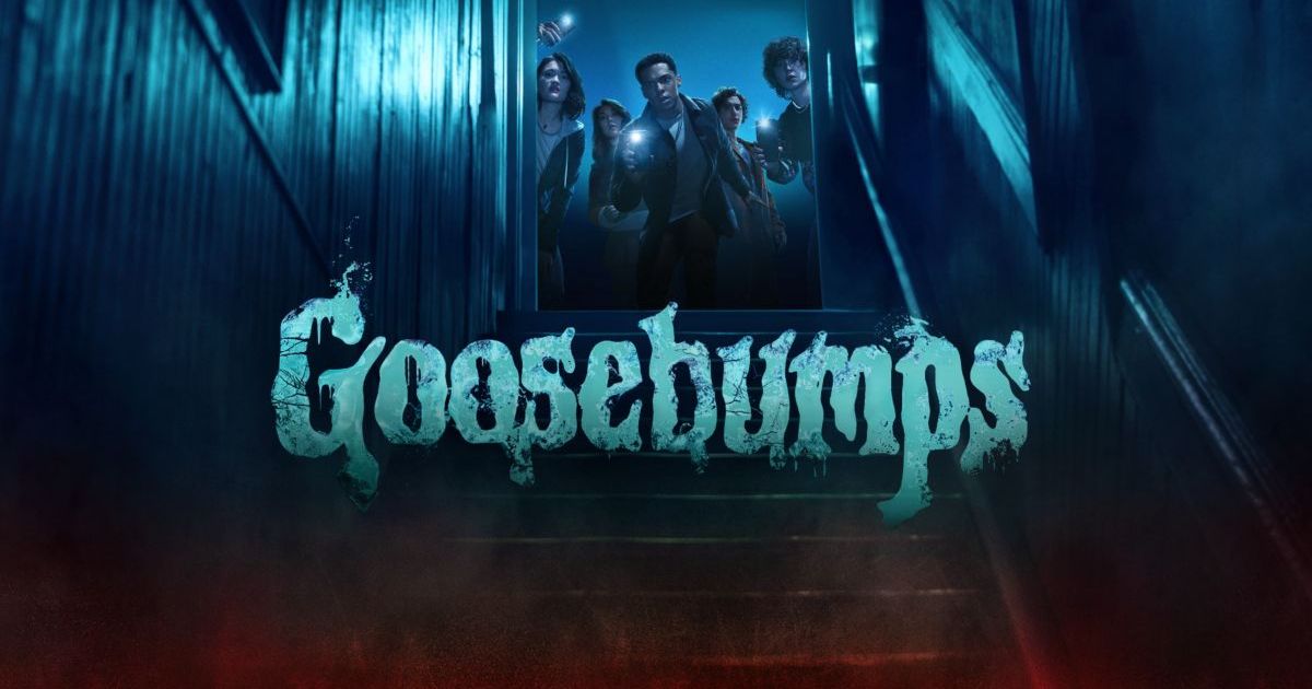 Characters from Goosebumps shine a flashlight down a flight of stairs on Disney+ title