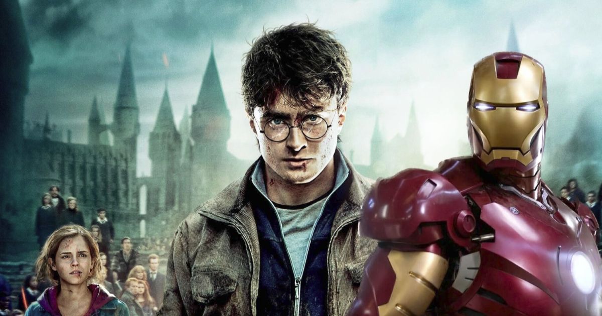 An edit of Harry Potter with Hogwarts in the background with Robert Downey Jr. Iron Man 