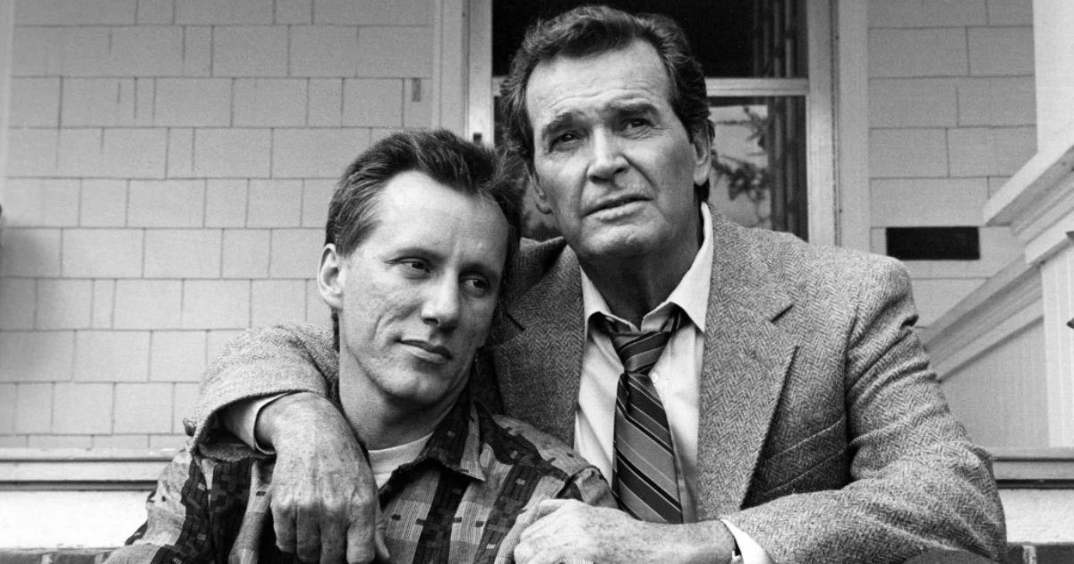 James Woods & James Garner sit together on a porch in Promise