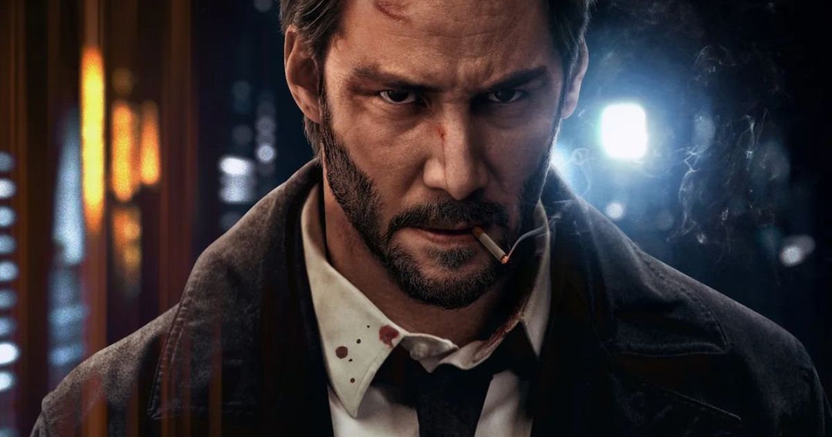 Keanu Reeves as John Constantine in Constantine 2 fan art, smoking a cigarette with blood on his collar.