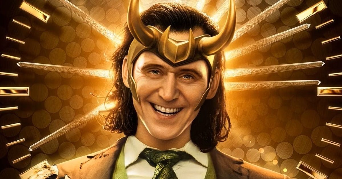 Tom Hiddleston as Loki with his signature helmet with a clock behind him in the Loki poster.