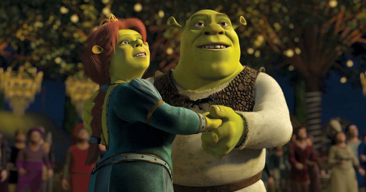 Mike Myers as Shrek and Cameron Diaz as Fiona hold hands in their ogre form in Shrek 2.