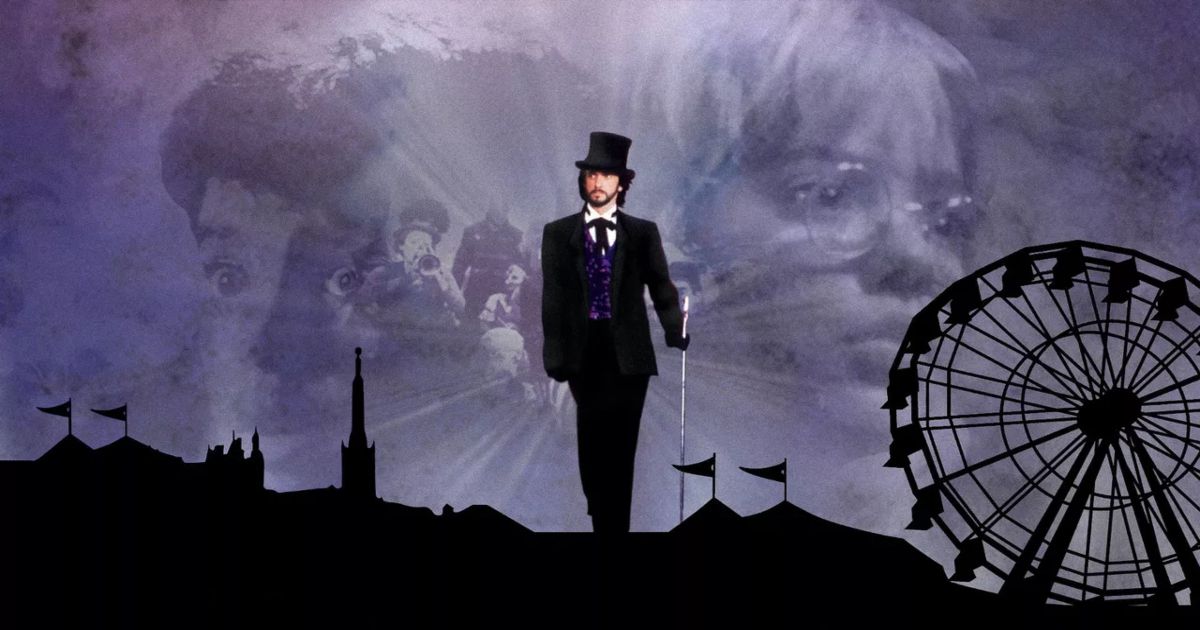Something Wicked This Way Comes movie poster with a man in a top hat walking around with a fairground in the background.
