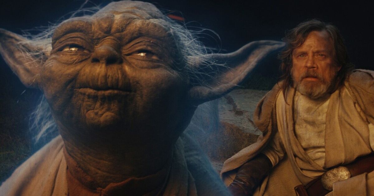 Mark Hamill as Luke Skywalker with Yoda in Star Wars: Episode VIII - The Last Jedi