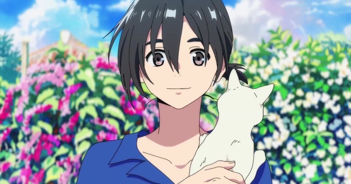 Mio Chibana holding a cat in front of flowers in The Stranger By The Beach (2020)