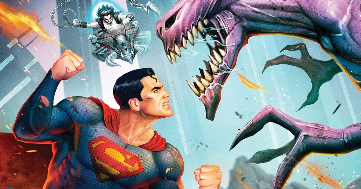Superman punches an alien with Lobo flying in the background in Superman Man of Tomorrow.