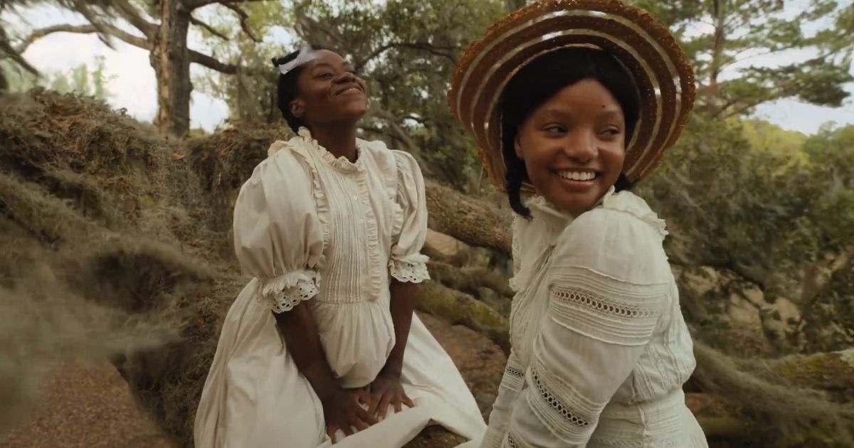 Halle Bailey with a friend in white dressed in The Color Purple remake.