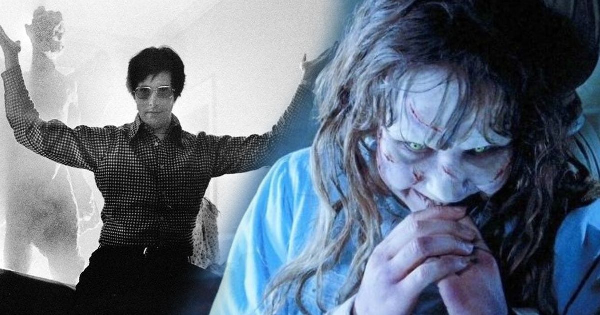 Split image of Regan McNeil from The Exorcist with director William Friedkin on the set