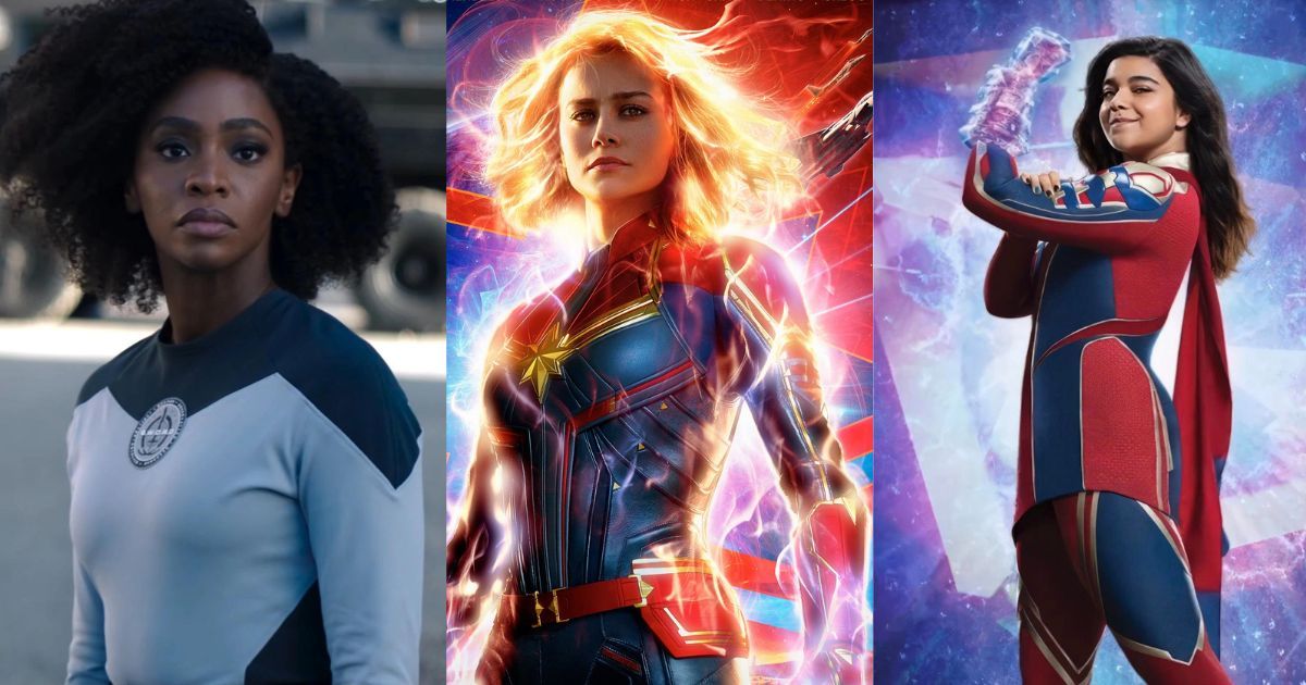 Monica Rambeau, Captain Marvel, and Kamala Khan face forward.