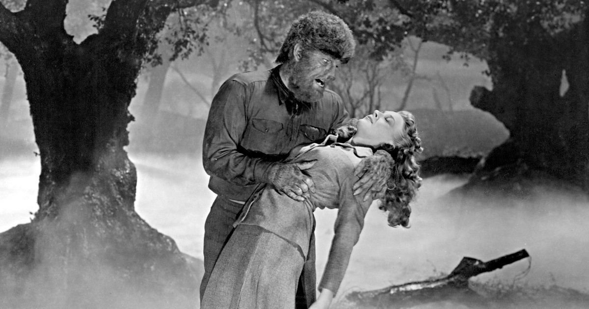 The Wolf Man holds his female victim