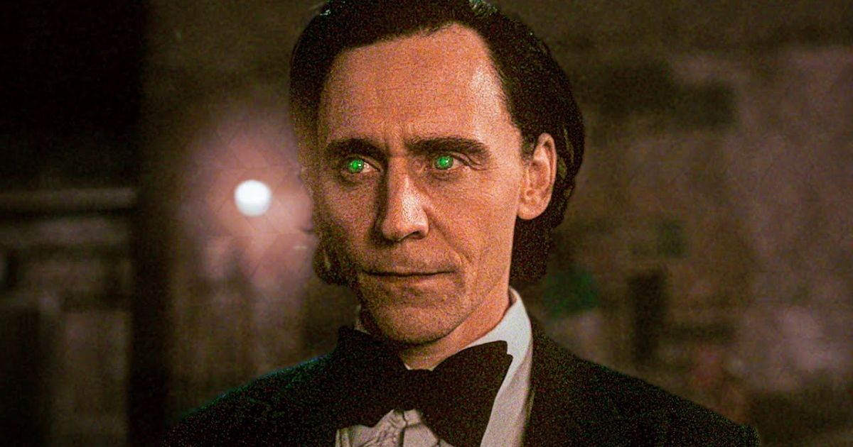 Tom Hiddleston wearing a tuxedo with bright green glowing eyes in Loki