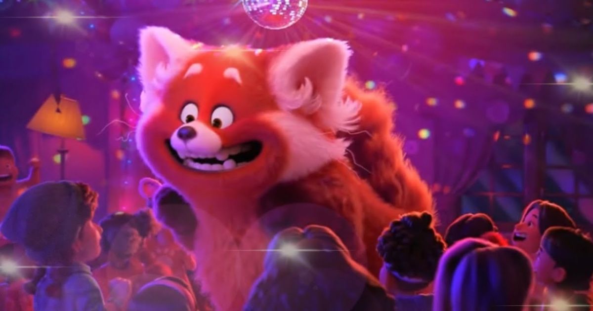 Mei, as a red panda, dances with her friends at Tyler's party in Turning Red.