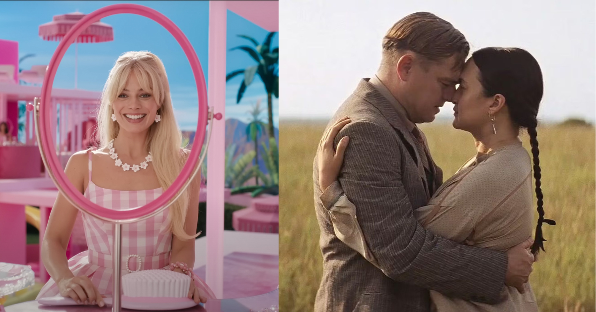 An edit of Margot Robbie's Barbie looking through her mirror in Barbie and Leonardo DiCaprio and Lily Gladstone hugging in a field in Killers of the Flower Moon.