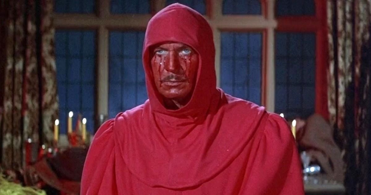 Vincent Price in costume and covered in blood in The Masque of the Red Death