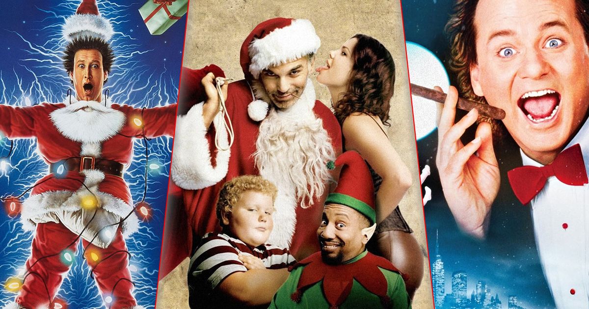 Split image of posters for Christmas Vacation, Bad Santa, and Scrooged