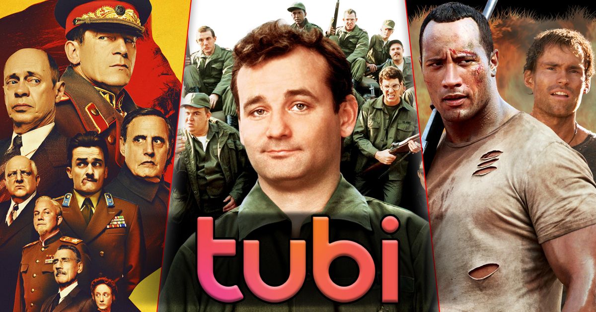 Split image of posters for The Death of Stalin, Stripes, and The Rundown behind the Tubi logo