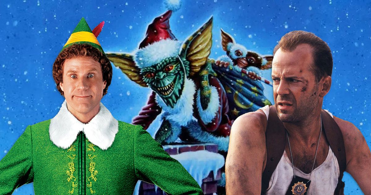 Split image of Buddy from Elf, Gremlins, and John McClaine from Die Hard in front of a snowy background