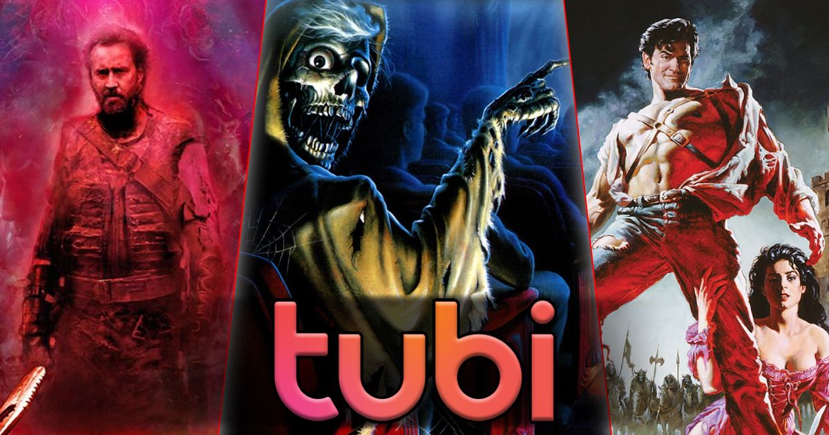 Imagem dividida de pôsteres de Mandy, Creepshow 2 e Army of Darkness atrás do logotipo Tubi