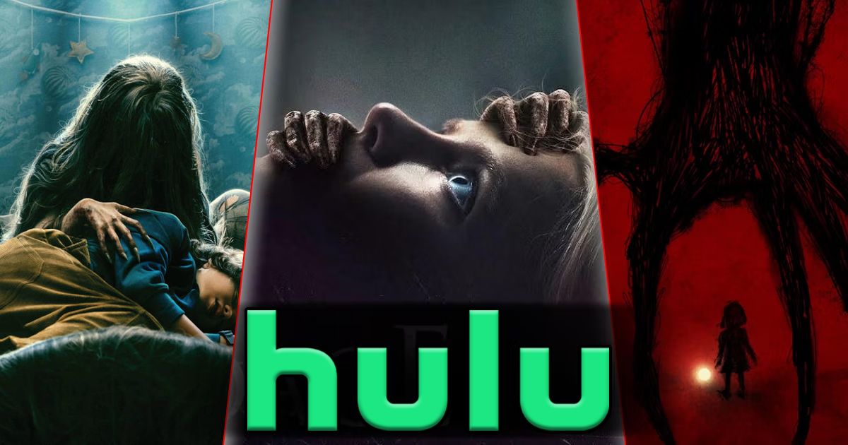 Split image of posters for Cobweb, Appendages, and The Boogeyman behind the Hulu logo