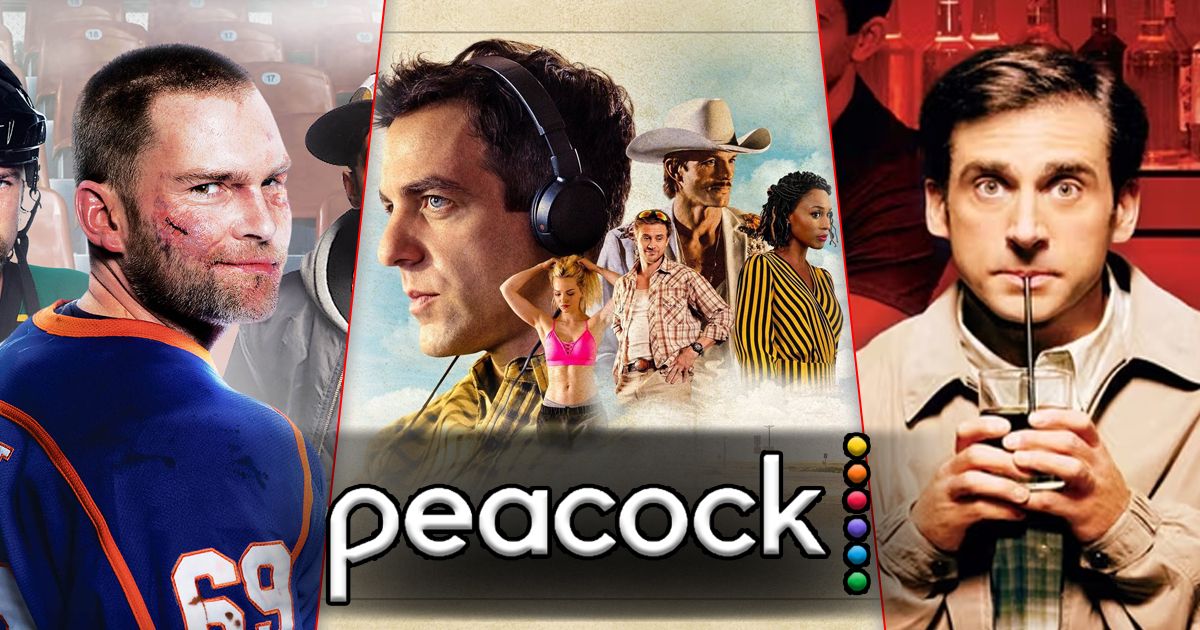 Split image of posters for Goon, Vengeance, and The 40 Year Old Virgin behind the Peacock logo