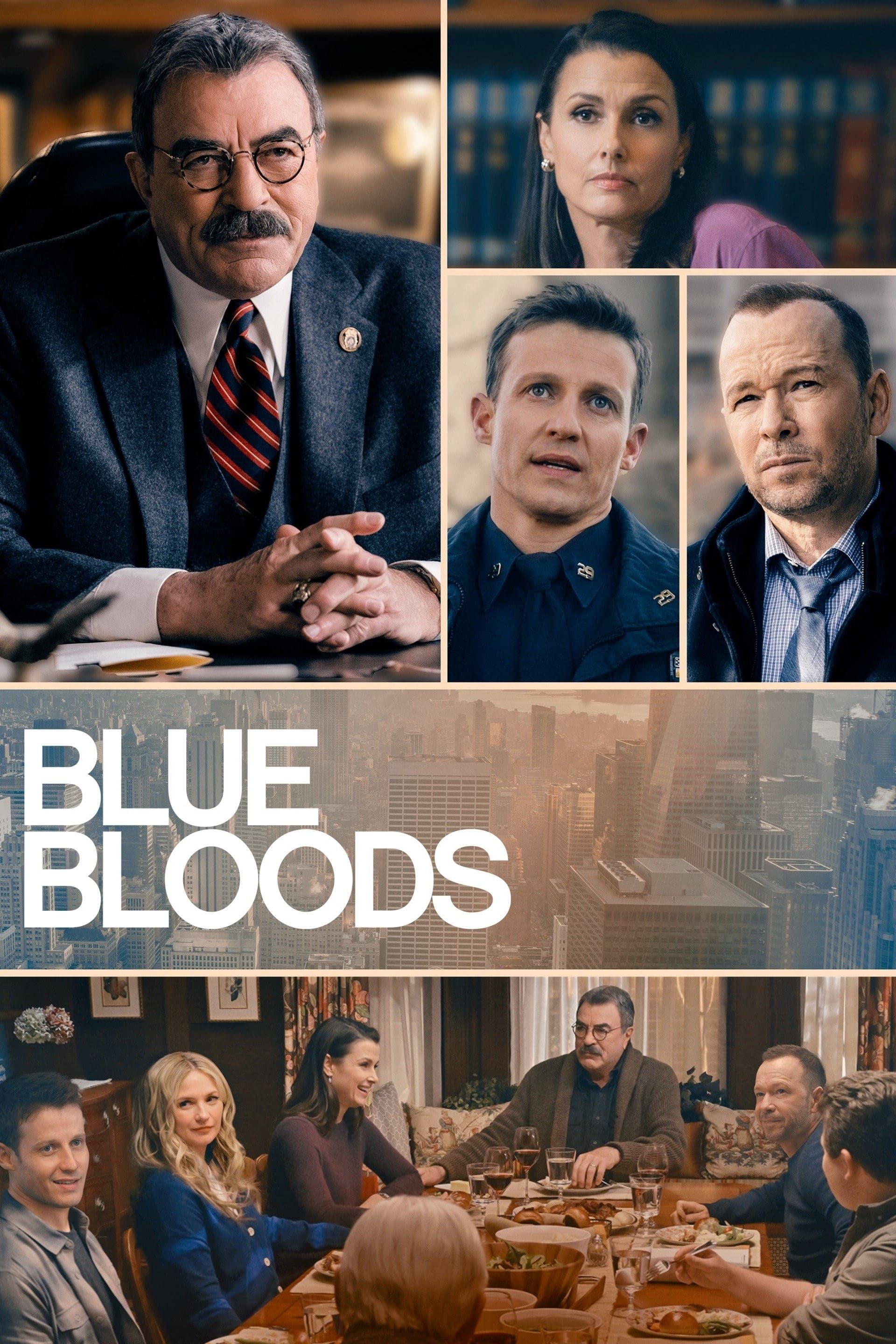 A poster for Blue Bloods featuring the series cast including Tom Selleck as Frank Reagan, Bridget Moynahan as Erin Reagan, Donnie Wahlberg as Danny Reagan, and Will Estes as Jamie Raegan.