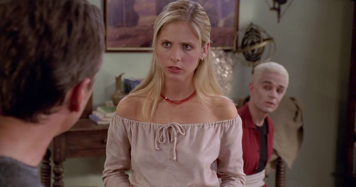Buffy The Vampire Slayer Pangs Buffy looks at Giles while Spike is tied to a chair in the background for Thanksgiving