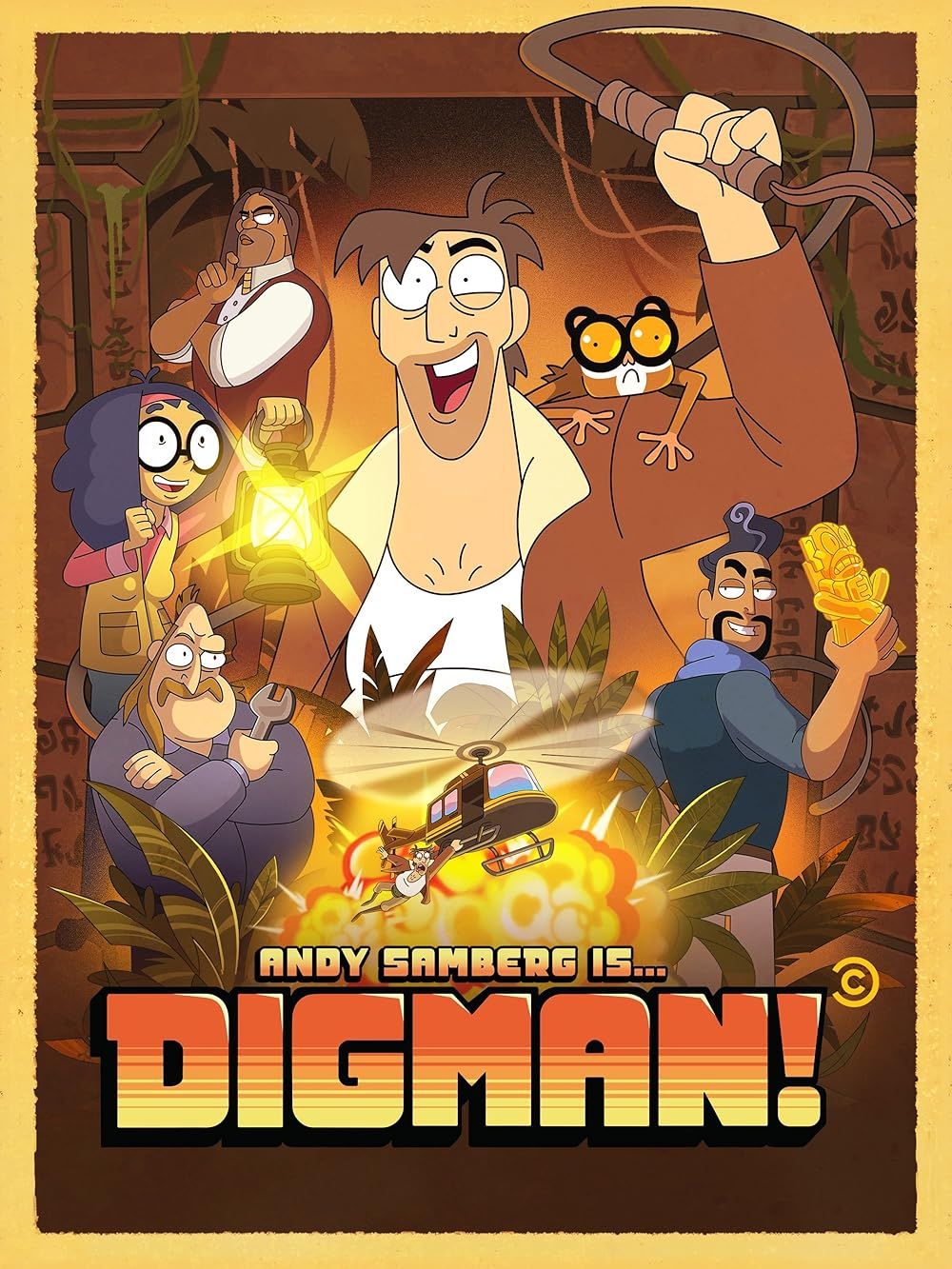 Um pôster da série animada Digman, com o personagem titular de Andy Smberg, Rip Digman, segurando um laço, vestindo uma jaqueta e regata branca com outros personagens da série ao lado dele em Digman!.