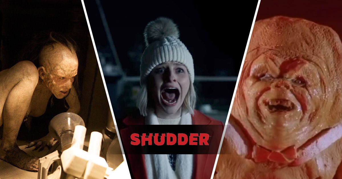 An edited image of three horror movies on Shudder in December 2023, including It's a Wonderful Knife, Devil's Pass, and Gingerdead Man.