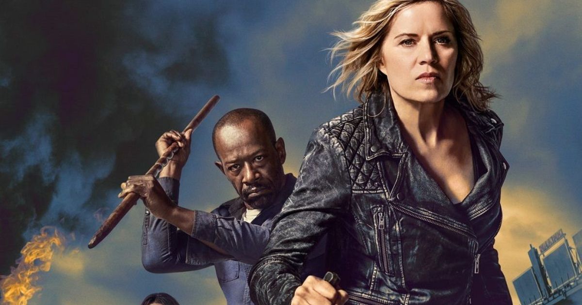Fear the Walking Dead cast with Kim Dickens as Madison wearing a black jacket, and Lennie James as Morgan with his stick.